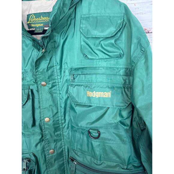 Mens VTG Hodgman Lakestream Fish Waterproof Raincoat Green Pocket Hood Wading L - Picture 2 of 10